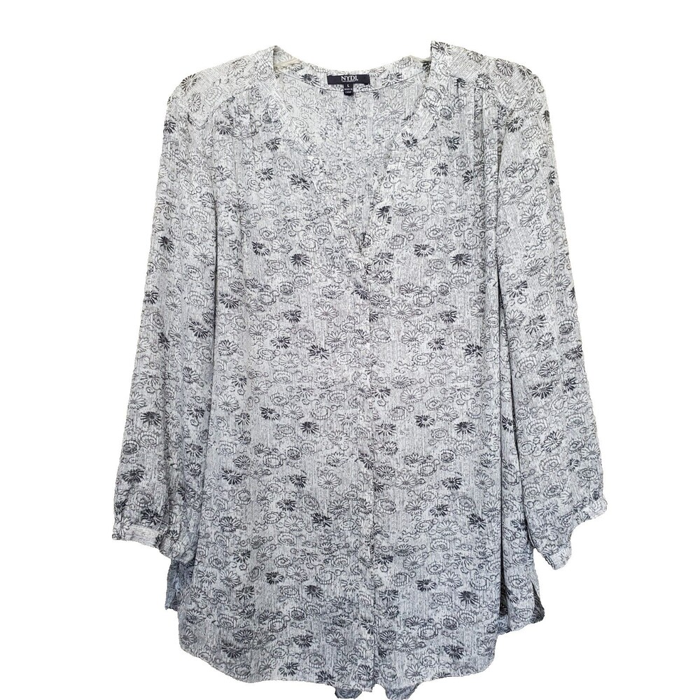 NYDJ Gray Floral Sketch Pleated Back 3/4 Sleeve Button-Up Blouse Size Large